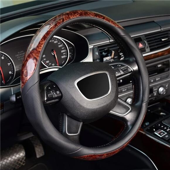 Wood Grain Steering Wheel Cover, Universal 15 inch, Microfiber Leather,Anti-Slip - Picture 1 of 5